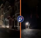 Rua escura em Havana durante apagão em Cuba, com o ditador Miguel Díaz-Canel em destaque.