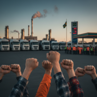 Caminhões parados em rodovia durante protesto de caminhoneiros contra a alta do diesel no Brasil.