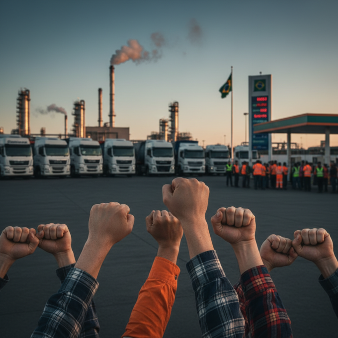 Caminhões parados em rodovia durante protesto de caminhoneiros contra a alta do diesel no Brasil.