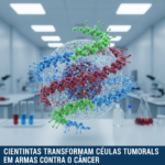 Ilustração científica de células tumorais sendo reprogramadas para combater o câncer em laboratório