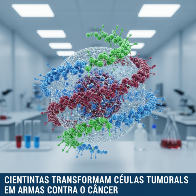 Ilustração científica de células tumorais sendo reprogramadas para combater o câncer em laboratório