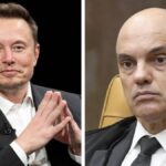 Montagem com fotos de Elon Musk e do ministro Alexandre de Moraes lado a lado