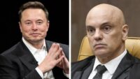 Montagem com fotos de Elon Musk e do ministro Alexandre de Moraes lado a lado