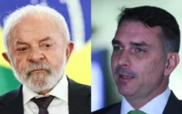 Montagem com fotos de Flávio Bolsonaro e Luiz Inácio Lula da Silva lado a lado