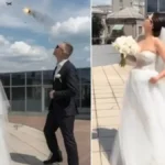 Noivos posam em terraço no momento em que drone russo é abatido em Zaporizhzhia