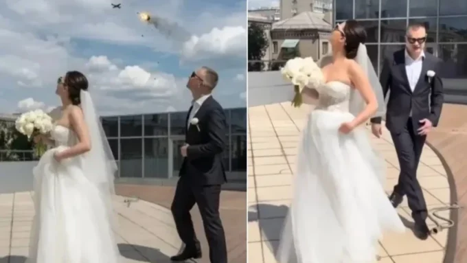 Noivos posam em terraço no momento em que drone russo é abatido em Zaporizhzhia