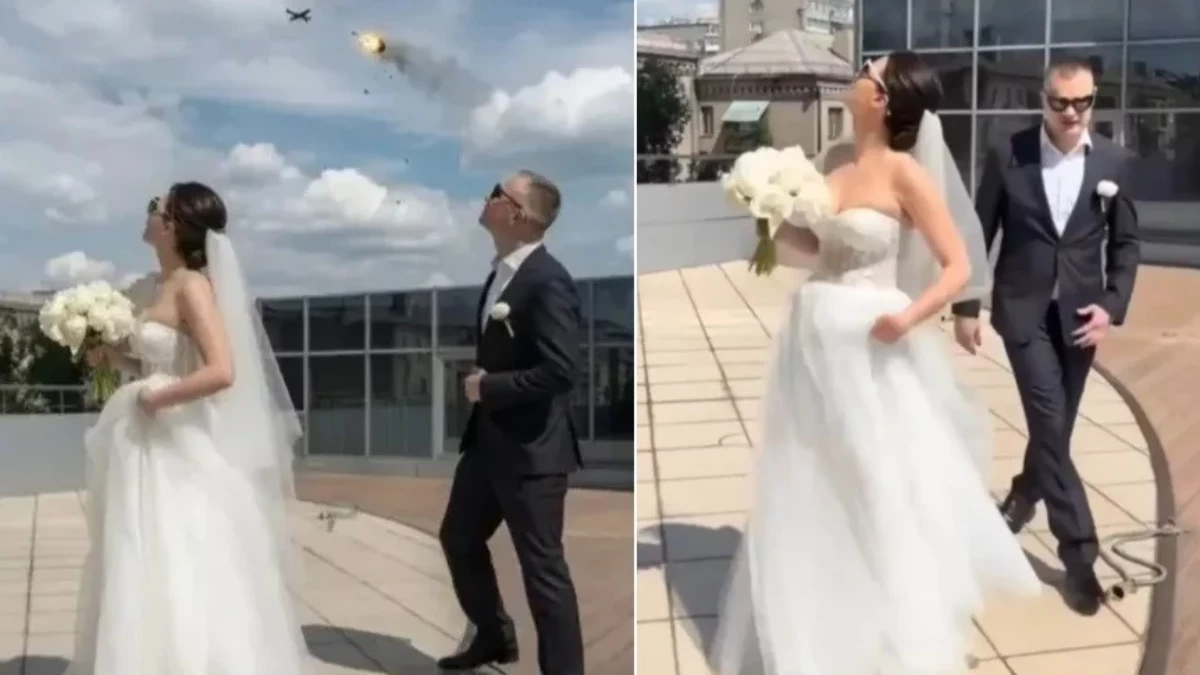 Noivos posam em terraço no momento em que drone russo é abatido em Zaporizhzhia