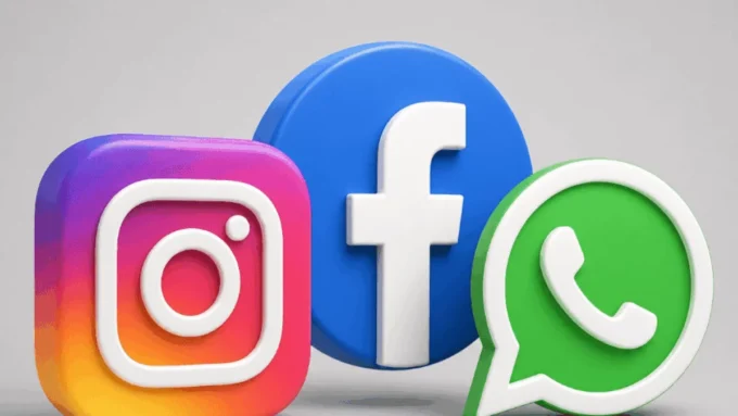 Logos de WhatsApp, Instagram e Facebook durante instabilidade da Meta